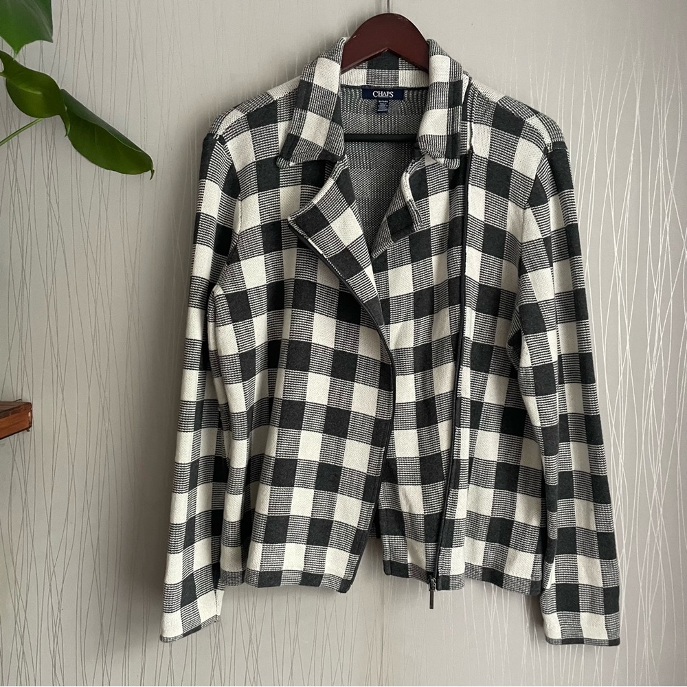 CHAPS Womens Black Gray Plaid Cotton Knit Moto Sweater Jacket Zip Size XL